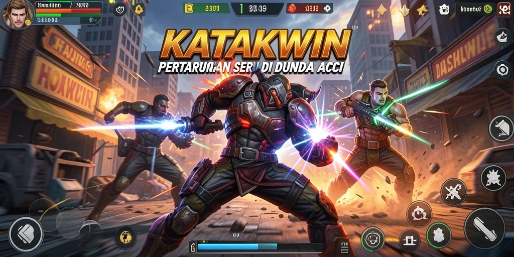 Screenshot KATAKWIN menampilkan pertarungan intens dengan karakter yang bergerak cepat.