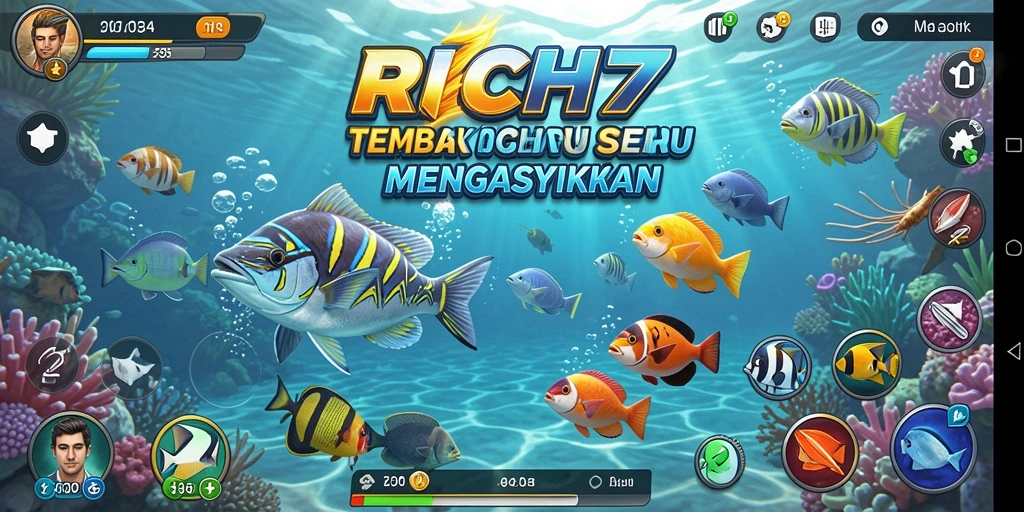 Screenshot gameplay RICH7 yang menampilkan aksi tembak ikan yang seru.